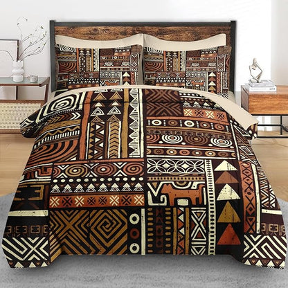 Comforter Set Queen Size, Vintage Tribal African 7 Pcs Bedding for Kids and Adults, Brown Abstract Patchwork Bed Sheet Sets with Fitted Sheet 2 Pillowcases & 2 Shams