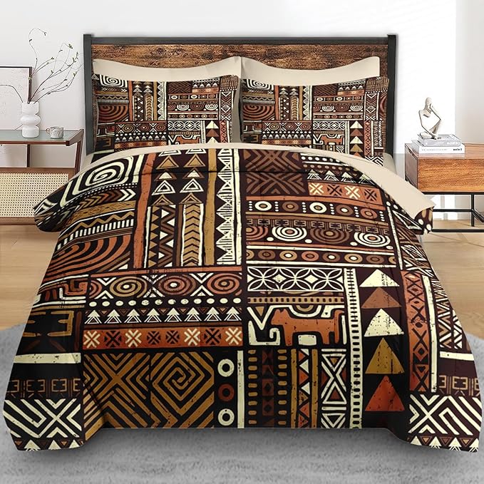 Comforter Set Twin Size, Vintage Tribal African 5 Pcs Bedding for Kids and Adults, Brown Abstract Patchwork Bed Sheet Sets with Fitted Sheet Pillowcase & Sham