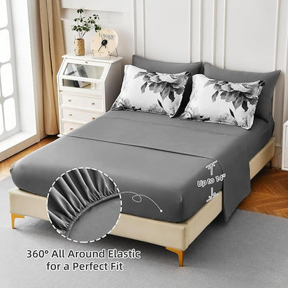 Dobuyly Grey Comforter Set King 7 Piece Bed in a Bag, Gray Floral Printed on White Comforter Set with Sheets, Soft Microfiber Botanical Farmhouse Bedding Set for All Season