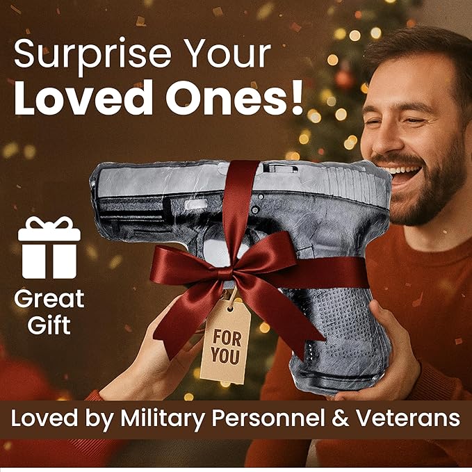 Caliber Gourmet Hug Soft Tactical Automatic Handgun Throw Pillow | Cotton Plush Stuffed Decorative Pillow with Soft Cushion, Men's Apartment Decor Aesthetic, Loved by Military Personnel, Veterans