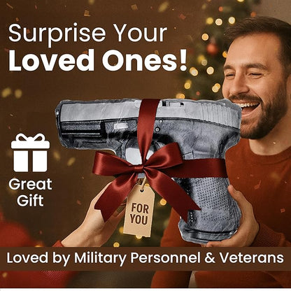 Caliber Gourmet Hug Soft Tactical Automatic Handgun Throw Pillow | Cotton Plush Stuffed Decorative Pillow with Soft Cushion, Men's Apartment Decor Aesthetic, Loved by Military Personnel, Veterans