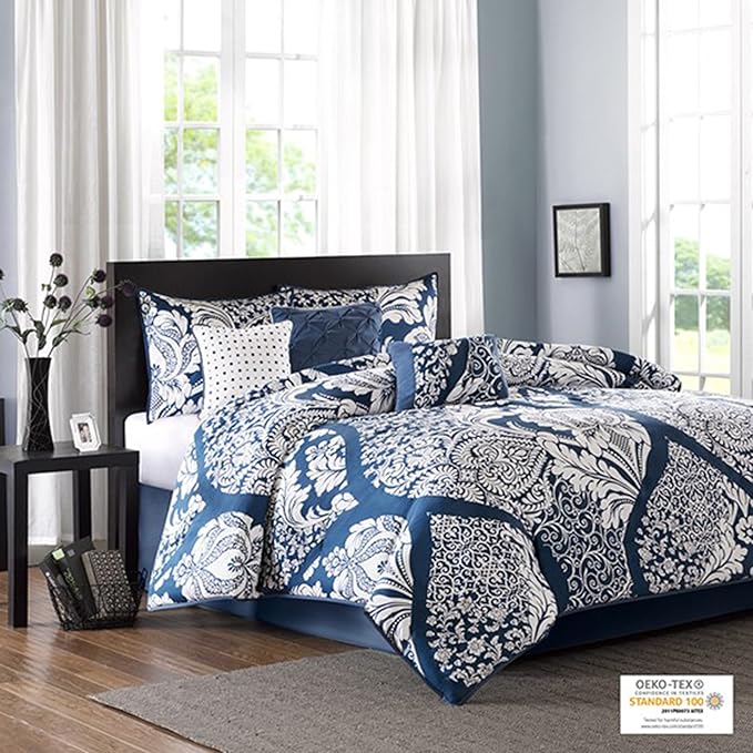 Madison Park Vienna Sateen Cotton Comforter Set, Breathable, Soft Cover, Trendy, All Season Down Alternative Cozy Bedding with Matching Shams, Queen, Indigo 7 Piece