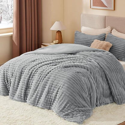 BEDELITE Fleece Twin Comforter Set -Super Soft & Warm Fluffy Light Grey Bedding, Luxury Fuzzy Heavy Bed Set for Winter with 1 Pillow case