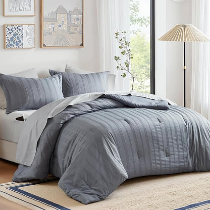 Madison Park Essentials Striped Comforter Set Queen, 7 Pieces Modern Minimalist Jacquard Bedding Set for All Season, Bed in A Bag with Sheet Set and Soft Brushed Reverse, Lightweight Blue/Grey