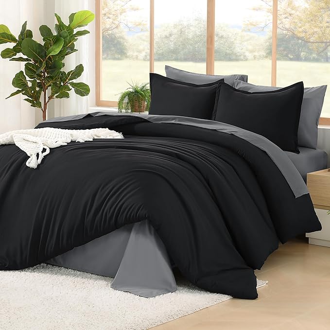 Litanika Comforter Queen Size Set Black Grey - 7 Pieces Bed in a Bag Queen Bedding Comforter Sets, Plain Lightweight Bed Set with Comforter, Sheets, Pillowcases & Shams