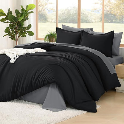 Litanika Comforter Queen Size Set Black Grey - 7 Pieces Bed in a Bag Queen Bedding Comforter Sets, Plain Lightweight Bed Set with Comforter, Sheets, Pillowcases & Shams