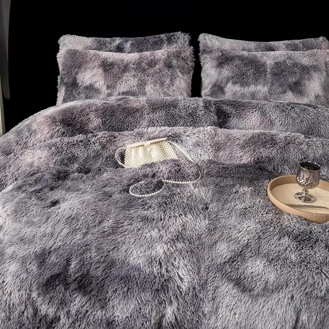 chovy Faux Fur Tie-Dyed Black Gray White Colorful Comforter Sets Queen - 3PC Bed Set Ultra Soft Plush Flannel Velvet Fluffy Fuzzy Bedding（Comforter x 1 Pillowcases x 2）