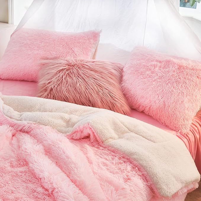 UOZZI BEDDING Pink Faux Fur Comforter Set Twin 3 Pieces - 1 Shaggy Comforter Set 68x86 and 2 Pillowcases, Ultra Soft and Easy Care Luxury Plush Shaggy Duvet Set for Girls Women Princess Style