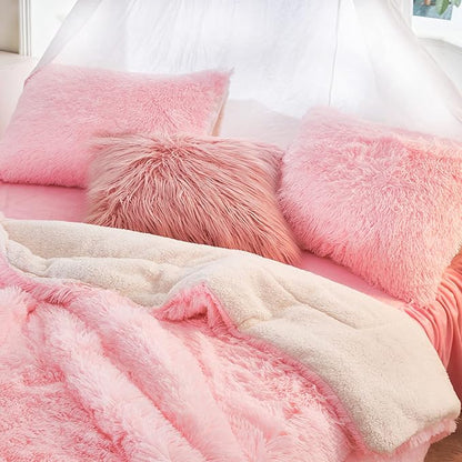 UOZZI BEDDING Pink Faux Fur Comforter Set Twin 3 Pieces - 1 Shaggy Comforter Set 68x86 and 2 Pillowcases, Ultra Soft and Easy Care Luxury Plush Shaggy Duvet Set for Girls Women Princess Style