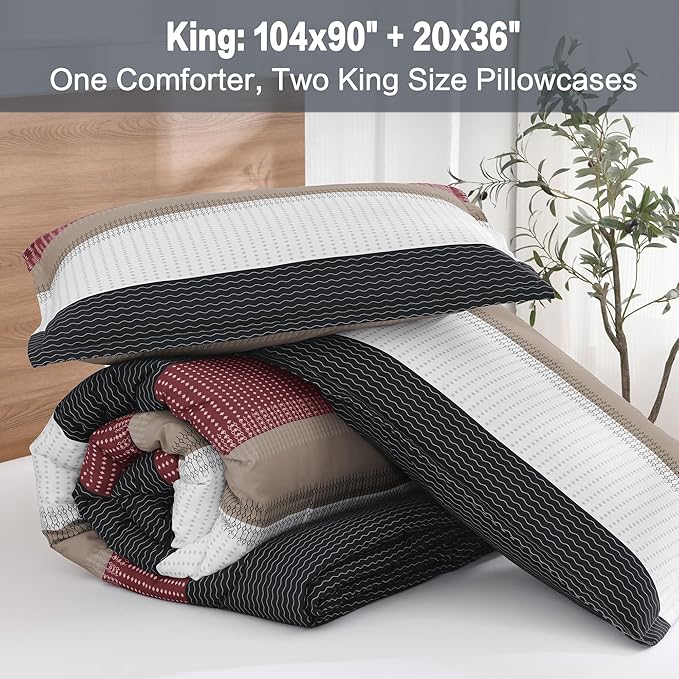 Litanika King Comforter Set Red Black - 3 Pieces Lightweight Fluffy Bedding Comforter Sets, All Season Down Alternative Comforter (1 Comforter, 2 Pillowcases)