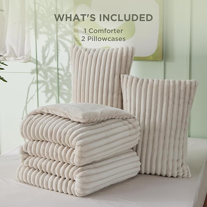 Bedsure King Size Comforter Set - GentleSoft™ 3 Pieces Fluffy Double-Side Fleece Comforter Set, Cozy Striped Room Decor Aesthetic, Luxury Linen King Bedding with 2 Pillowcases, 104x90 Inches