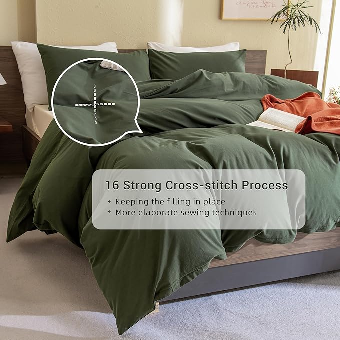CozyTide Queen Size Comforter Set Olive Green,Cotton Soft Solid Dark Green Bedding Set & Collections,3 Pieces Lightweight Bedding Set for All Seasons (90x90In Comforter and 2 Pillowcases)