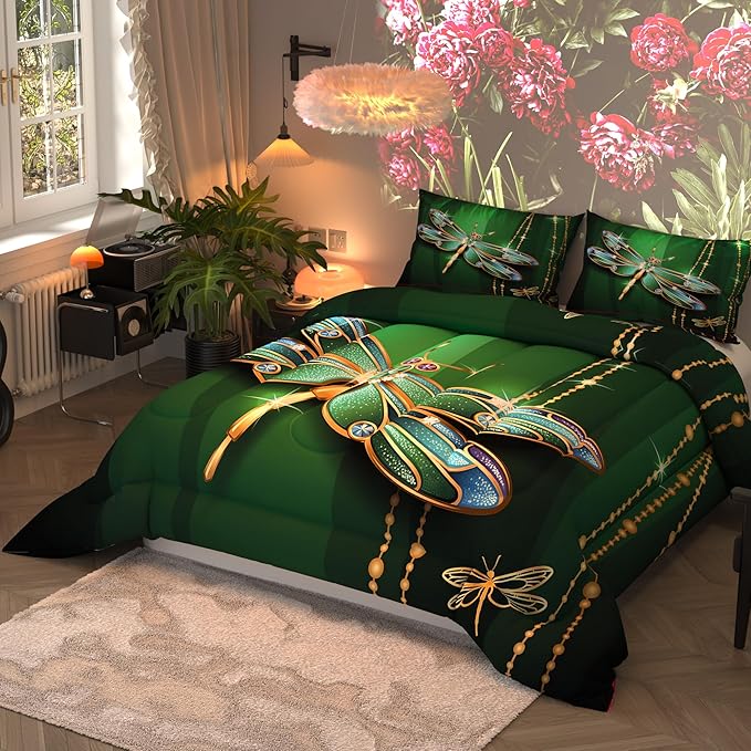 Dragonfly Comforter Sets for Kids Adults,3D Pattern with Bright Dark Green Colors,Decorative Bedding Comforter Sets with 2 Pillow Shams, Queen Size