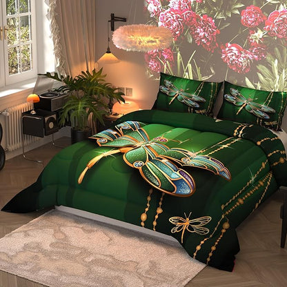 Dragonfly Comforter Sets for Kids Adults,3D Pattern with Bright Dark Green Colors,Decorative Bedding Comforter Sets with 2 Pillow Shams, Queen Size