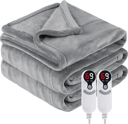 Electric Heated Blanket Queen Size 84"x90", Soft Plush Microplush for Bed, Dual Controllers & Dual Heating Zones, 1-10 Hours Auto Off & 6 Heating Levels, Machine Washable, Gifts for Family-Gray