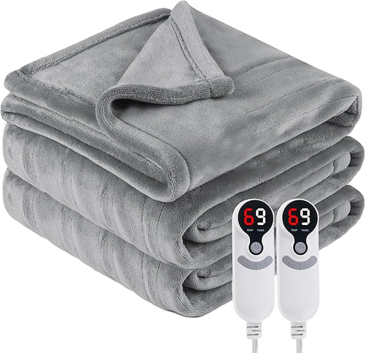 Electric Heated Blanket Queen Size 84"x90", Soft Plush Microplush for Bed, Dual Controllers & Dual Heating Zones, 1-10 Hours Auto Off & 6 Heating Levels, Machine Washable, Gifts for Family-Gray