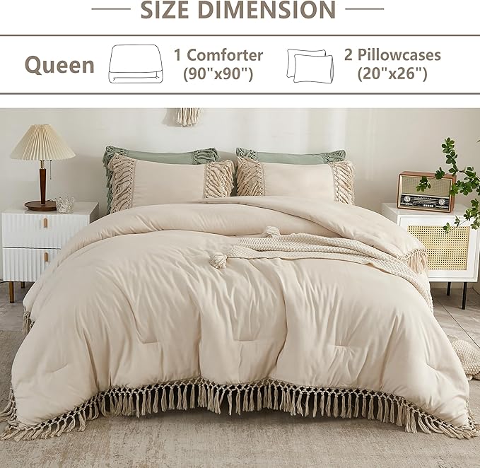 Andency Comforter Queen Size Set Beige, 3 Pieces Tassel Boho Lightweight Winter Bedding Comforters & Sets, All Season Bed Set (90x90In Comforter & 2 Pillowcases)