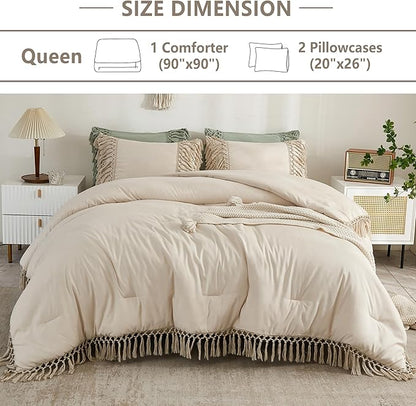 Andency Comforter Queen Size Set Beige, 3 Pieces Tassel Boho Lightweight Winter Bedding Comforters & Sets, All Season Bed Set (90x90In Comforter & 2 Pillowcases)