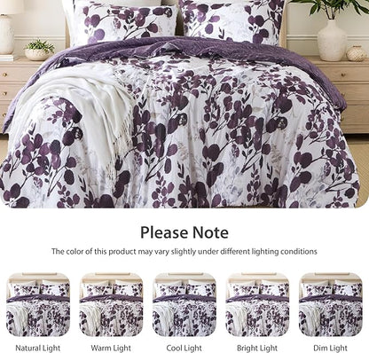 Lightweight Seersucker Botanical Twin Size Comforter Set, 2 Pieces Reversible Design Bed Comforter, Premium Microfiber Bedding Set, Comforter and Sham Set, Purple