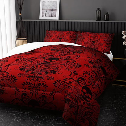 Adults Red Gothic Comforter Set King Size,Vintage Damask Floral Bedding Set 3Pcs,Bohemia Bedding Set Goth Skull Printed Quilted Set for Teens Adult with 1 Comforter and 2 Pillowcase