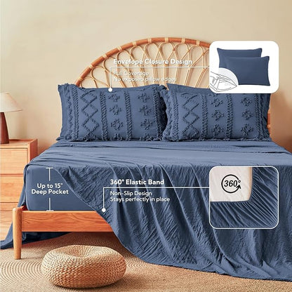 MR&HM Queen Comforter Set Navy Blue, 7 Pieces Tufted Boho Beddding Sets, Farmhouse Style Bed in a Bag with 1 Comforter, 2 Pillow Shams, 2 Pillowcases, 1 Flat Sheet, 1 Fitted Sheet for All Seasons