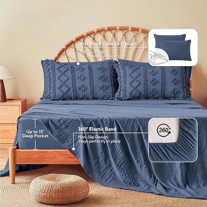 MR&HM Full Size Bed Sheets and Comforter Set Navy Blue, 7 Pieces Tufted Boho Beddding Sets, Farmhouse Style Bed in a Bag with 1 Comforter, 2 Pillow Shams, 2 Pillowcases, 1 Flat Sheet, 1 Fitted Sheet
