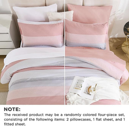 Andency Full Size Comforter Set 7 Pieces - Pink Striped Lightweight Bed in a Bag, Fully Microfiber Bedding Breathable All Season Beddding Set with Comforter, Fitted & Flat Sheet, Pillowcases & Shams