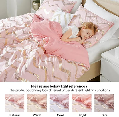 Codi Twin Comforter Set for Teen Girls, 3-Piece Pink and Gold Bedding, Warm and Lightweight for Dorm or Bedroom