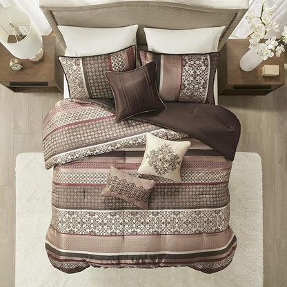Madison Park Princeton Cozy Comforter Set - Luxurious Jaquard Traditional Damask Design, All Season Down Alternative Bedding with Matching Shams, Decorative Pillow, King(104"x92"), Red 7 Piece