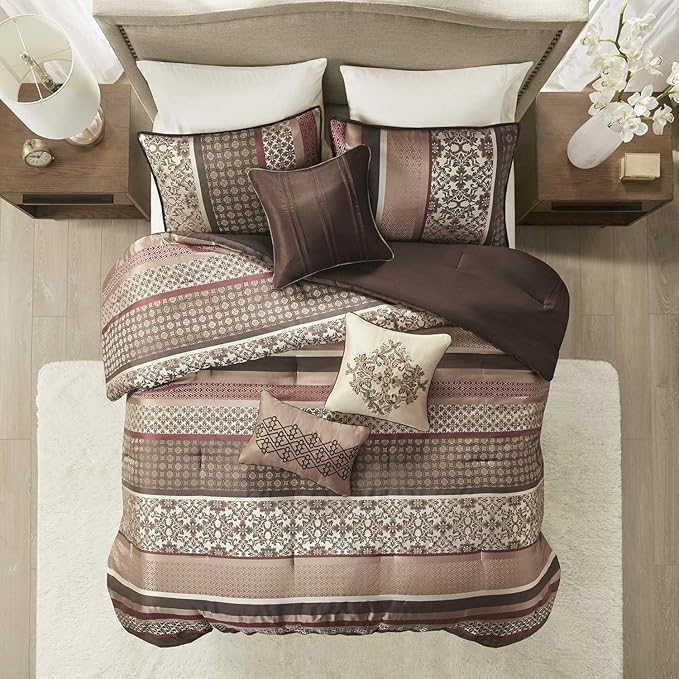 Madison Park Princeton Cozy Comforter Set - Luxurious Jaquard Traditional Damask Design, All Season Down Alternative Bedding with Matching Shams, Decorative Pillow, Queen(90"x90"), Red 7 Piece