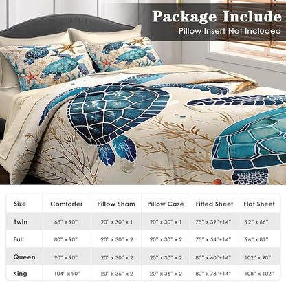 Comforter Set Queen Size, Ocean Coral Sea Turtle 7 Pcs Bedding for Kids and Adults, Blue Shell Animal Bed Sheet Sets with Fitted Sheet 2 Pillowcases & 2 Shams for Bedroom Bed Decor