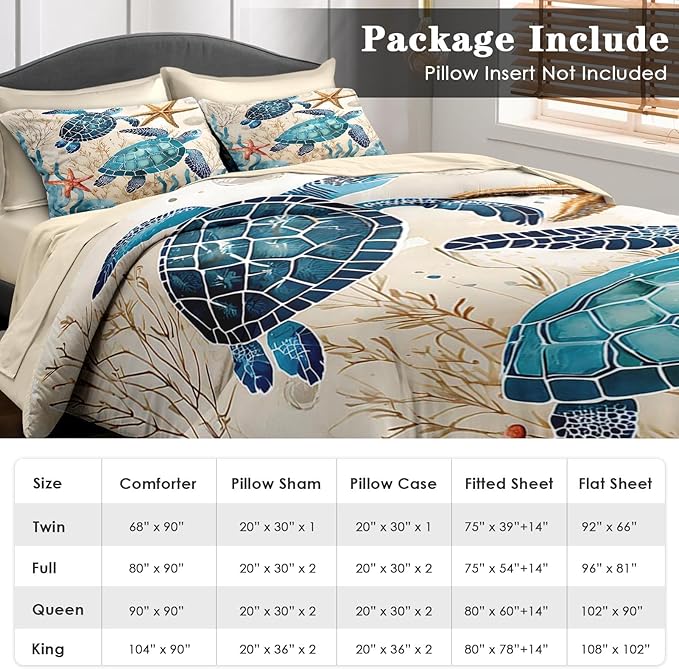 Comforter Set King Size, Ocean Coral Sea Turtle 7 Pcs Bedding for Kids and Adults, Blue Shell Animal Bed Sheet Sets with Fitted Sheet 2 Pillowcases & 2 Shams for Bedroom Bed Decor