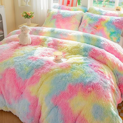 chovy Faux Fur Plush Tie-Dyed Pink Comforter Sets King - Ultra Soft Shaggy Flannel Velvet Fluffy Fuzzy 3PC Bedding Set （Comforter x 1 Pillowcases x 2）
