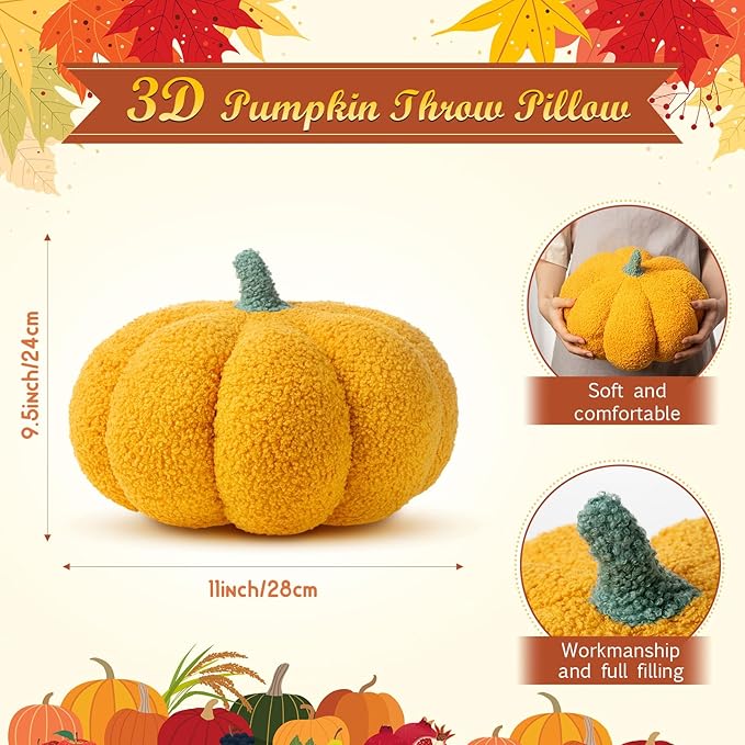 Kajaia 1 Pcs Pumpkin Pillow Plush 11 x 9.5 Inch 3D Cushion Fall Decorations Simulated Stuffed Throw Pillows for Halloween Thanksgiving Bedroom Sofa Couch Supplies (Yellow)