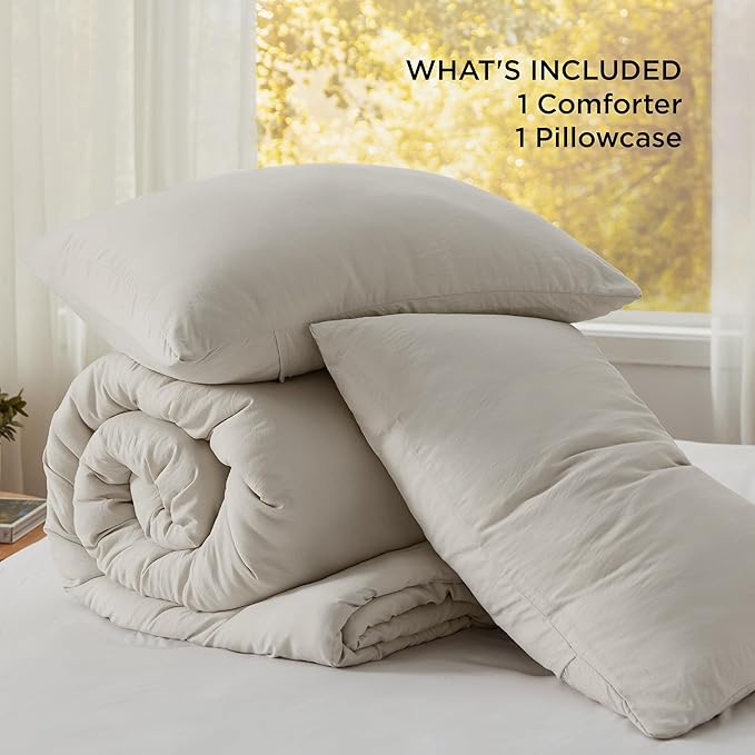 Bedsure Twin/Twin XL Comforter Set, Beige Soft Prewashed Bedding for All Seasons, 2 Pieces GentleSoft™ Bed Set, 1 Lightweight Comforter (68"x88") and 1 Pillowcase (20"x26")