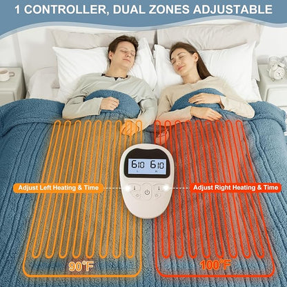 Electric Blanket Queen Size Single Control - Soft Double Sided Sherpa Heated Blanket with 6 Fast Heating Levels & 10 hrs Timer Settings, Washable & Overheat Protection for Bed, Blue