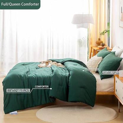 COTTEBED Forest Green Comforter Queen Size Bed - Ultra-Soft Polycotton Cozy Lightweight Solid Bedding Blanket Quilt Down Set with 2 Pillow Sham All Season Use - Emerald Hunter Green,Full/Queen
