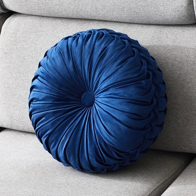 Round Throw Pillow Velvet 1 Pcs 14.17" Home Decoration Pleated 3D Pumpkin Pillow Cushion for Couch Chair Bed Car (Royal Blue)