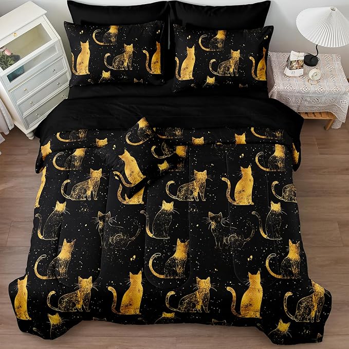 Black Gold Comforter Queen Gold Cat Bedding Set Black Kitty Animal Pattern Super Soft Cozy Girls Boys Pet Theme Cute Bed in A Bag with Comforter and Sheet Set