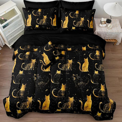 Black Gold Comforter Queen Gold Cat Bedding Set Black Kitty Animal Pattern Super Soft Cozy Girls Boys Pet Theme Cute Bed in A Bag with Comforter and Sheet Set