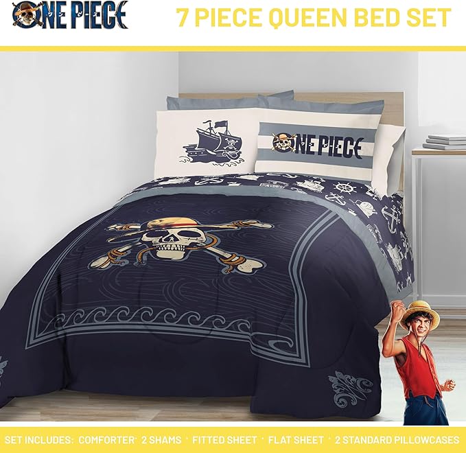 Jay Franco One Piece Queen Size Comforter Set - 7 Piece Blue Bedding Includes Sheet Set & Pillow Covers - Super Soft Anime Bedding with Skull and Bones