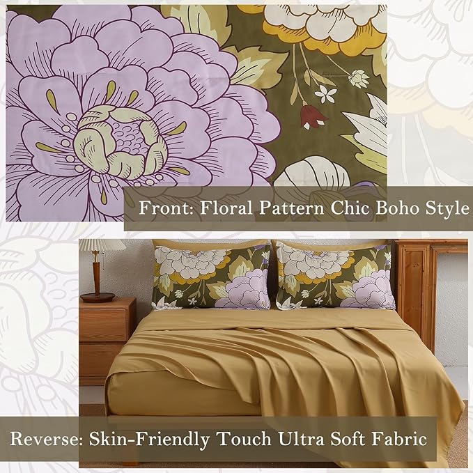 DJY 7 Pieces Brown Floral Comforter Set Queen Size Botanical Bed in a Bag, Soft Microfiber Boho Farmhouse Bedding Floral Comforter with Sheets Set for All Season (90''x90'')