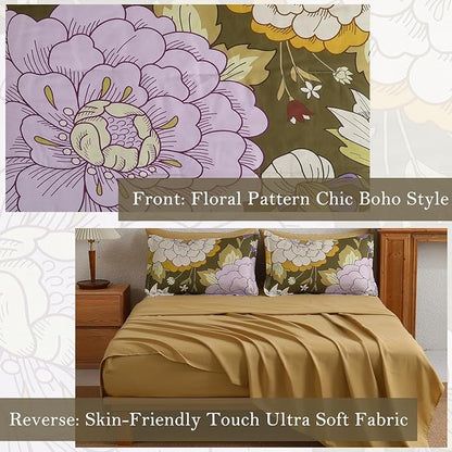 DJY 7 Pieces Brown Floral Comforter Set Queen Size Botanical Bed in a Bag, Soft Microfiber Boho Farmhouse Bedding Floral Comforter with Sheets Set for All Season (90''x90'')