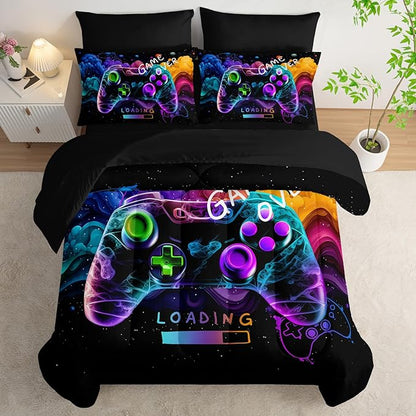 Video Game Comforter Set Full，Game Themed Bedding 7 Pieces Sets for Boys，Game Over Bedroom Decor，(1 Comforter, 1 Flat Sheet, 1 Fitted Sheet, 2 Pillowcase and 2 Pillow Sham)