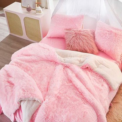 Joyreap 3-Piece Plush Shaggy Comforter Set, King Size Luxury Faux Fur Sherpa Reversible Bedding Comforter Set, Ultra Cozy Warm Fluffy Bedding Set for Winter (Pink, 100x88 inches)