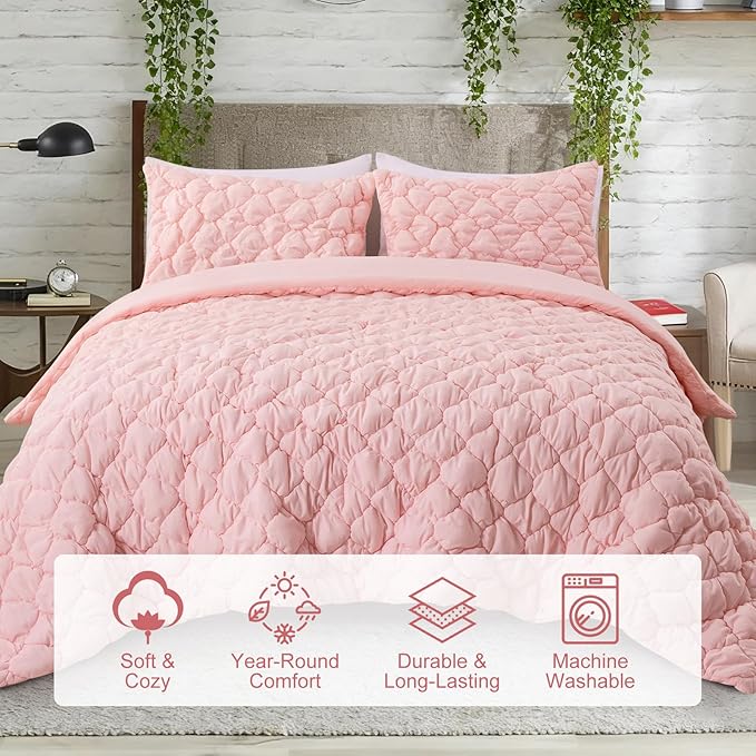 Holawakaka Luxury Blush Full Size Quilt Bedding Set 3-Piece, Solid Color Soft Microfiber Diamond Quilted Bedspread Coverlet with 2 Pillow Shams, Lightweight Bed Comforter Sets