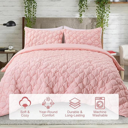 Holawakaka Luxury Blush Full Size Quilt Bedding Set 3-Piece, Solid Color Soft Microfiber Diamond Quilted Bedspread Coverlet with 2 Pillow Shams, Lightweight Bed Comforter Sets