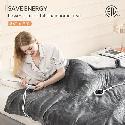 HOMLYNS LuxeHeat Heated Blanket Electric Blanket Queen Size, Soft Flannel Sherpa Heating Blanket with 10 Heat Settings, 1-10 hrs Timer Auto Shut Off (84x90 inches, Grey)