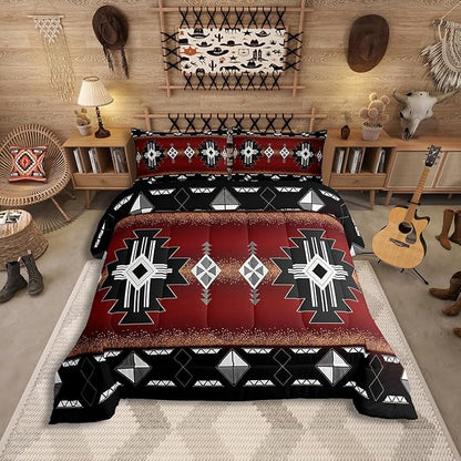 Erosebridal Rustic Western Full Bedding Set, Southwestern Aztec Comforter Set for Boys Teens Men Bedroom, Exotic American Native Quilt Vintage Bohemian Geometric Bedding Comforter Sets, Red Black