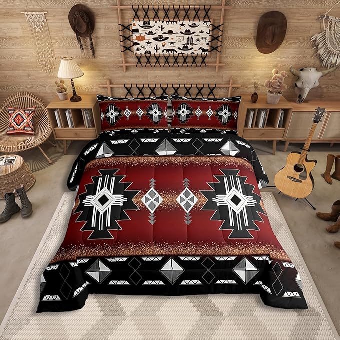 Erosebridal Rustic Western Toddler Bedding Set, Southwestern Aztec Comforter Set for Boys Teens Men Bedroom, Exotic American Native Quilt Vintage Bohemian Geometric Bedding Comforter Sets, Red Black